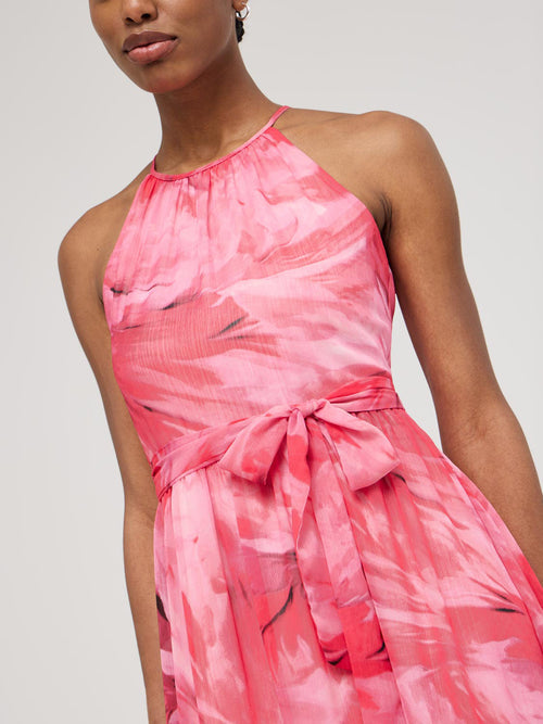 Feather Print Halter Chiffon Dress