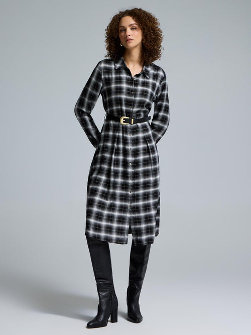 Belted Metallic Plaid Shirt Dress