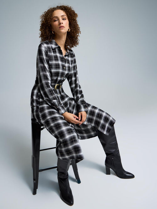 Belted Metallic Plaid Shirt Dress