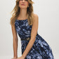 Naval Blue Floral Print Flowy Midi Dress - Woman Wearing Square Neck Dress with PU Belt - Suzy Shier
