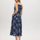 Naval Blue Floral Print Flowy Midi Dress - Woman Wearing Square Neck Dress with PU Belt - Suzy Shier