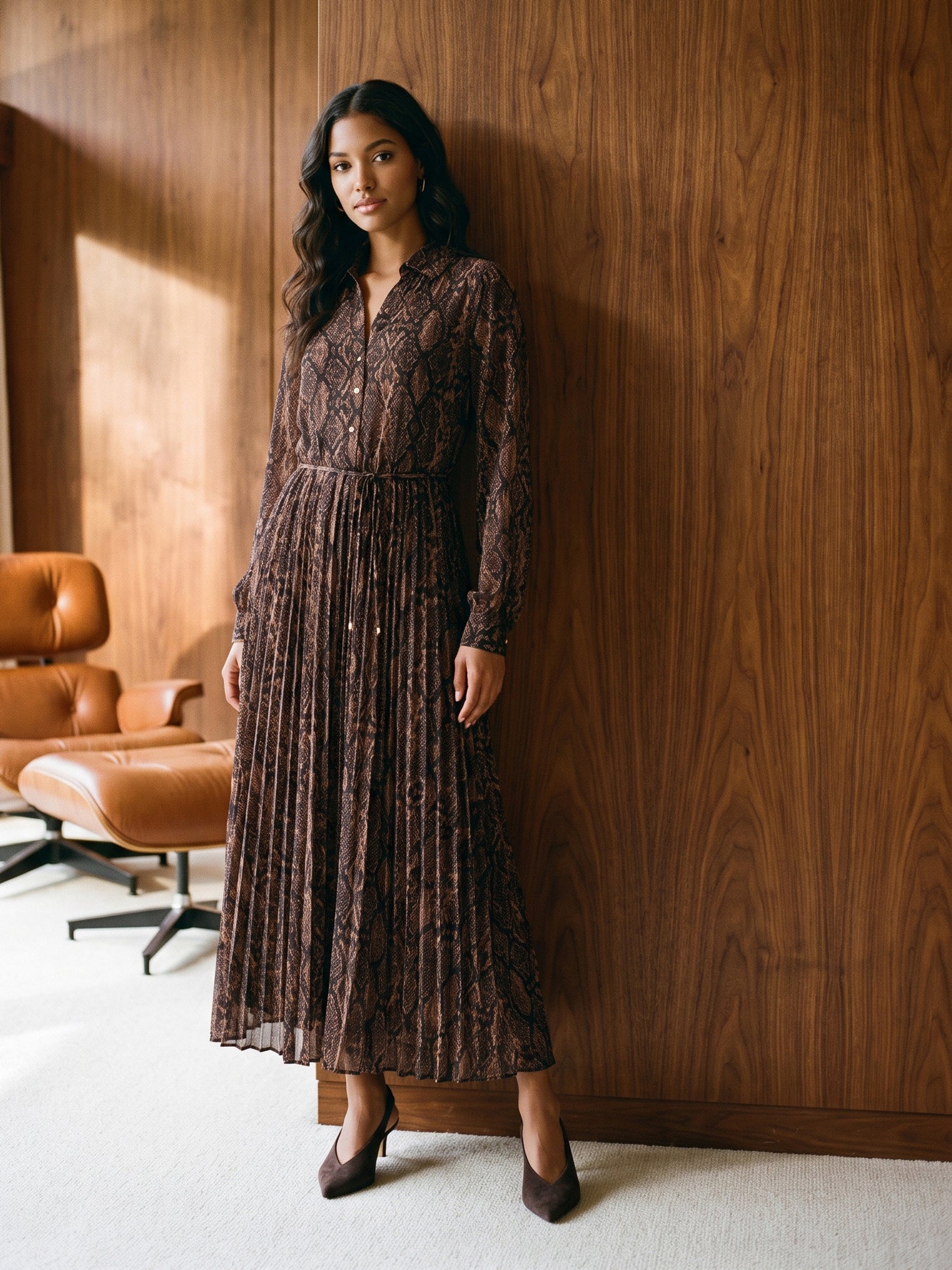 Black Bean Snake Print Chiffon Dress - Woman Wearing Pleated Skirt Dress - Suzy Shier