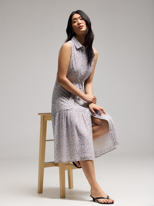 Sleeveless Ditsy Floral Button-Front Chiffon Dress