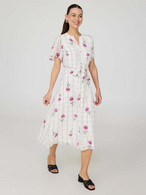 Floral Split Neck Chiffon Midi Dress
