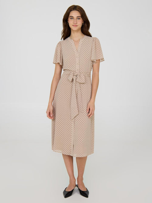 Polka Dot Split Neck Chiffon Midi Dress