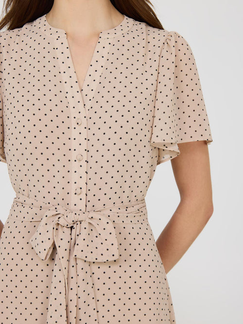 Polka Dot Split Neck Chiffon Midi Dress