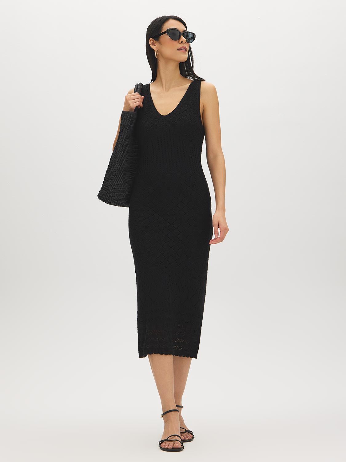 Black Crochet-Like Fitted Midi Dress - Woman Wearing Knit Dress with V-Front and Wide Straps - Suzy Shier