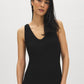 Black Crochet-Like Fitted Midi Dress - Woman Wearing Knit Dress with V-Front and Wide Straps - Suzy Shier