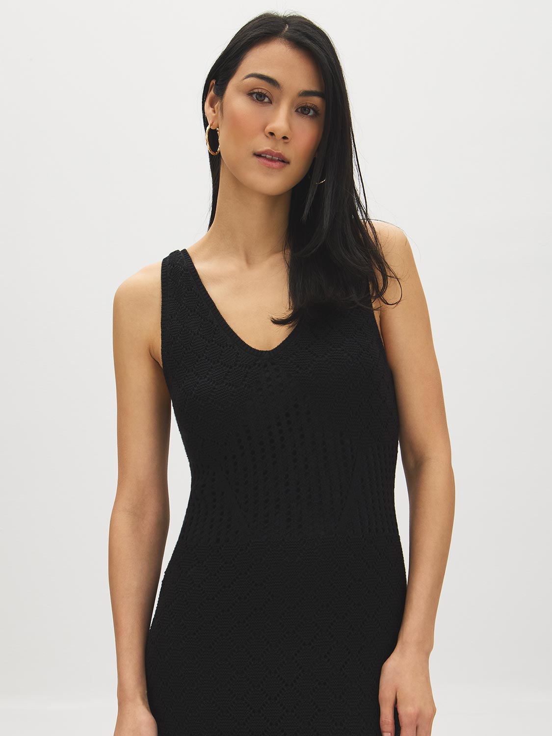 Black Crochet-Like Fitted Midi Dress - Woman Wearing Knit Dress with V-Front and Wide Straps - Suzy Shier