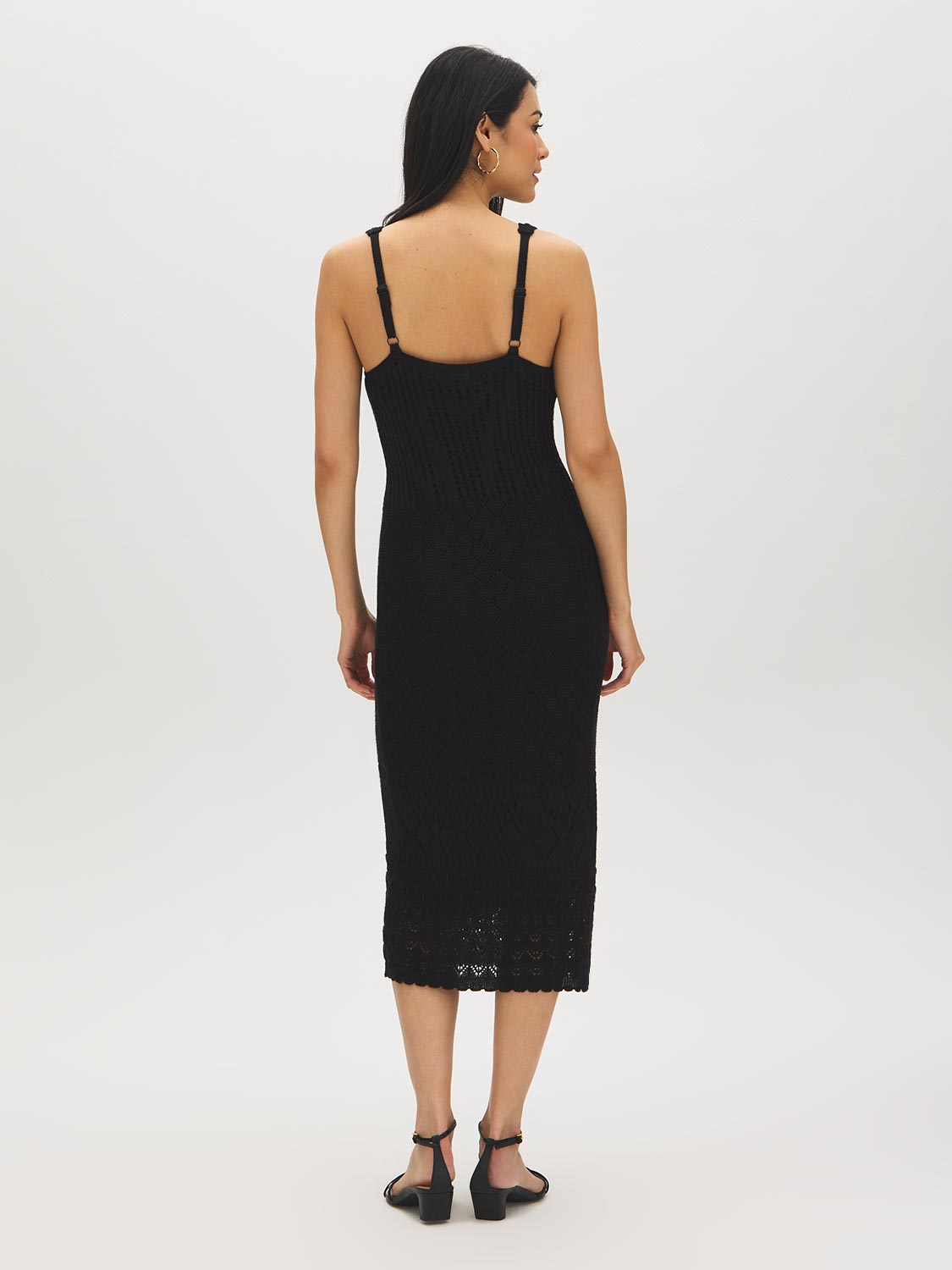 Black Crochet-Like Fitted Midi Dress - Woman Wearing Knit Dress with V-Front and Wide Straps - Suzy Shier