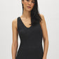 Black Crochet-Like Fitted Midi Dress - Woman Wearing Knit Dress with V-Front and Wide Straps - Suzy Shier