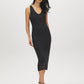 Black Crochet-Like Fitted Midi Dress - Woman Wearing Knit Dress with V-Front and Wide Straps - Suzy Shier