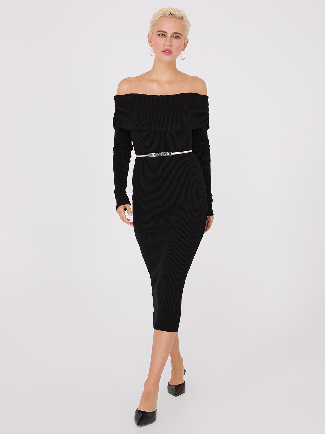 Off-The-Shoulder Column Dress - Ribbed | Suzy Shier