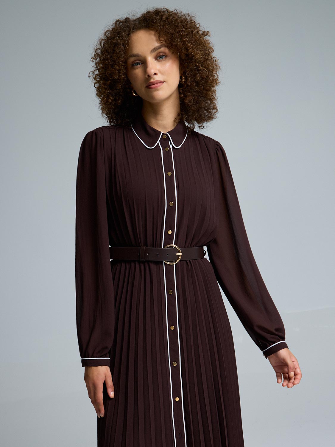 Contrast Piping Pleated Chiffon Shirt Dress Suzy Shier Contrast Piping Pleated Chiffon Shirt Dress Suzy Shier