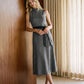 Jet Black/Light Grey Herringbone Textured Knit Mock Neck Dress with Belt - Woman Wearing Midi Dress - Suzy Shier