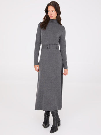 Mock Neck Belted Melange Midi Dress Dk Grey