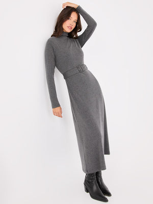 Mock Neck Belted Melange Midi Dress Dk Grey