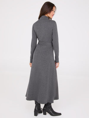 Mock Neck Belted Melange Midi Dress Dk Grey