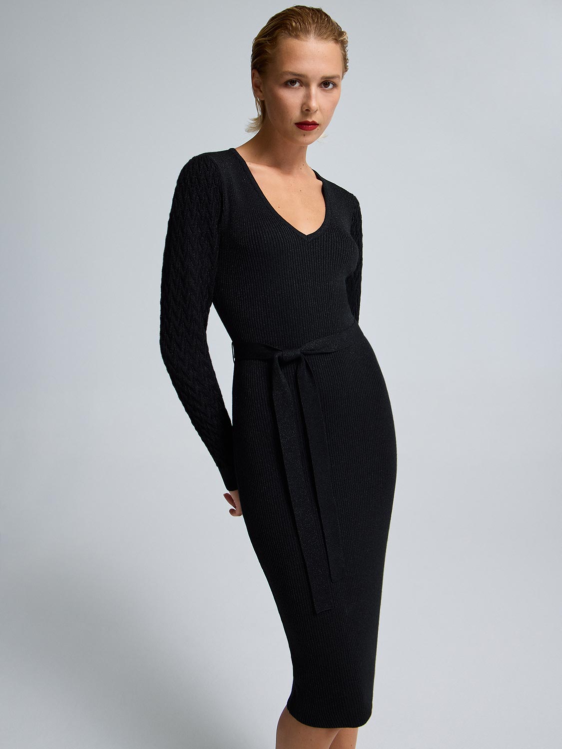 chinese dress ladies V-Neck Metallic Midi Sweater Dress – Suzy Shier main image 0