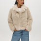 Oatmeal Faux Fur Coat with Leather Detail - Woman Wearing Warm Winter Outerwear - Suzy Shier