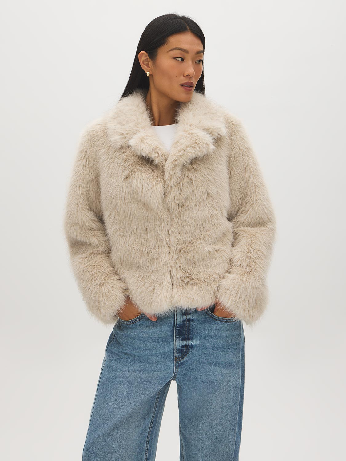 Oatmeal Faux Fur Coat with Leather Detail - Woman Wearing Warm Winter Outerwear - Suzy Shier