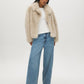 Oatmeal Faux Fur Coat with Leather Detail - Woman Wearing Warm Winter Outerwear - Suzy Shier