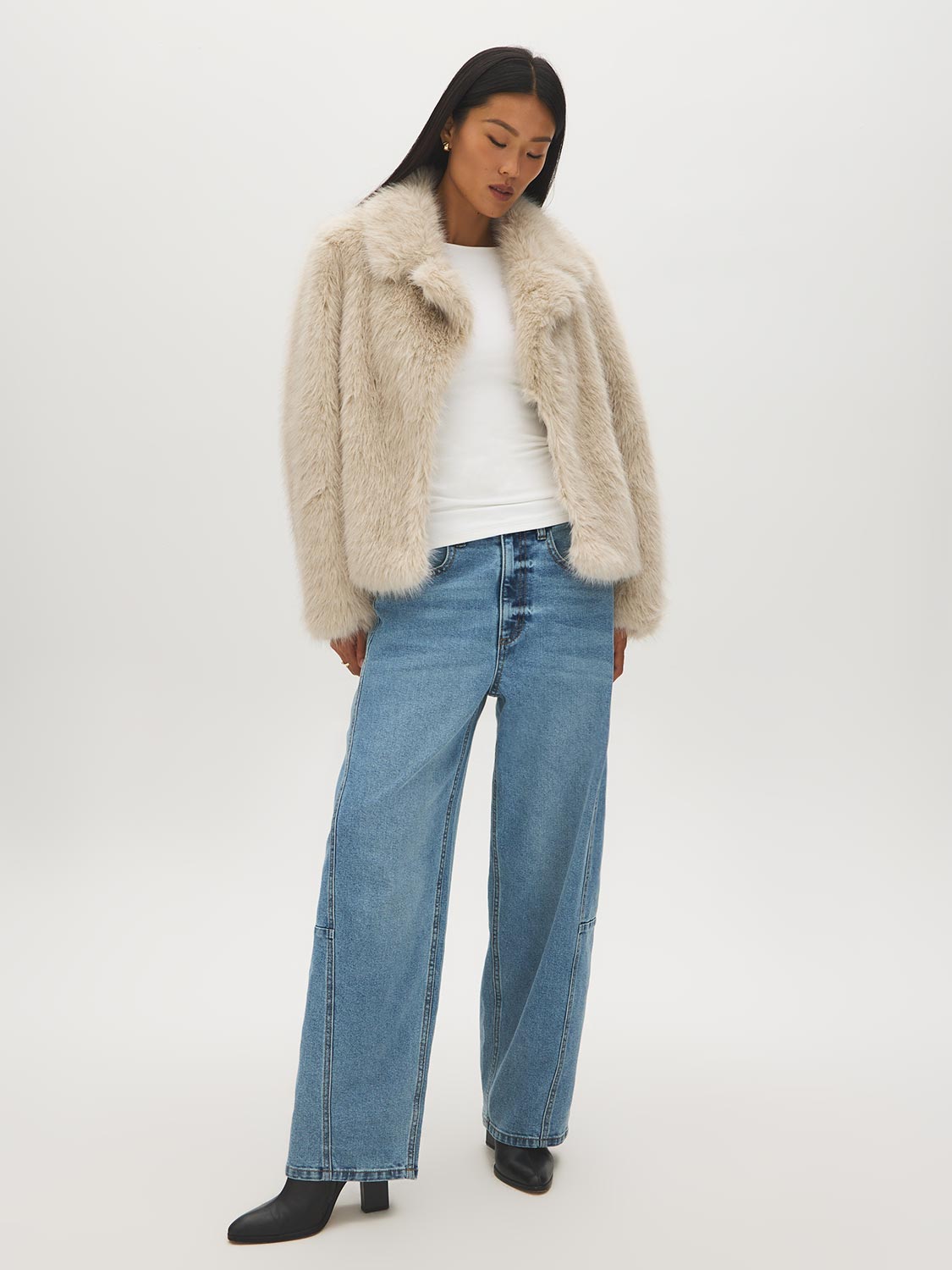Oatmeal Faux Fur Coat with Leather Detail - Woman Wearing Warm Winter Outerwear - Suzy Shier