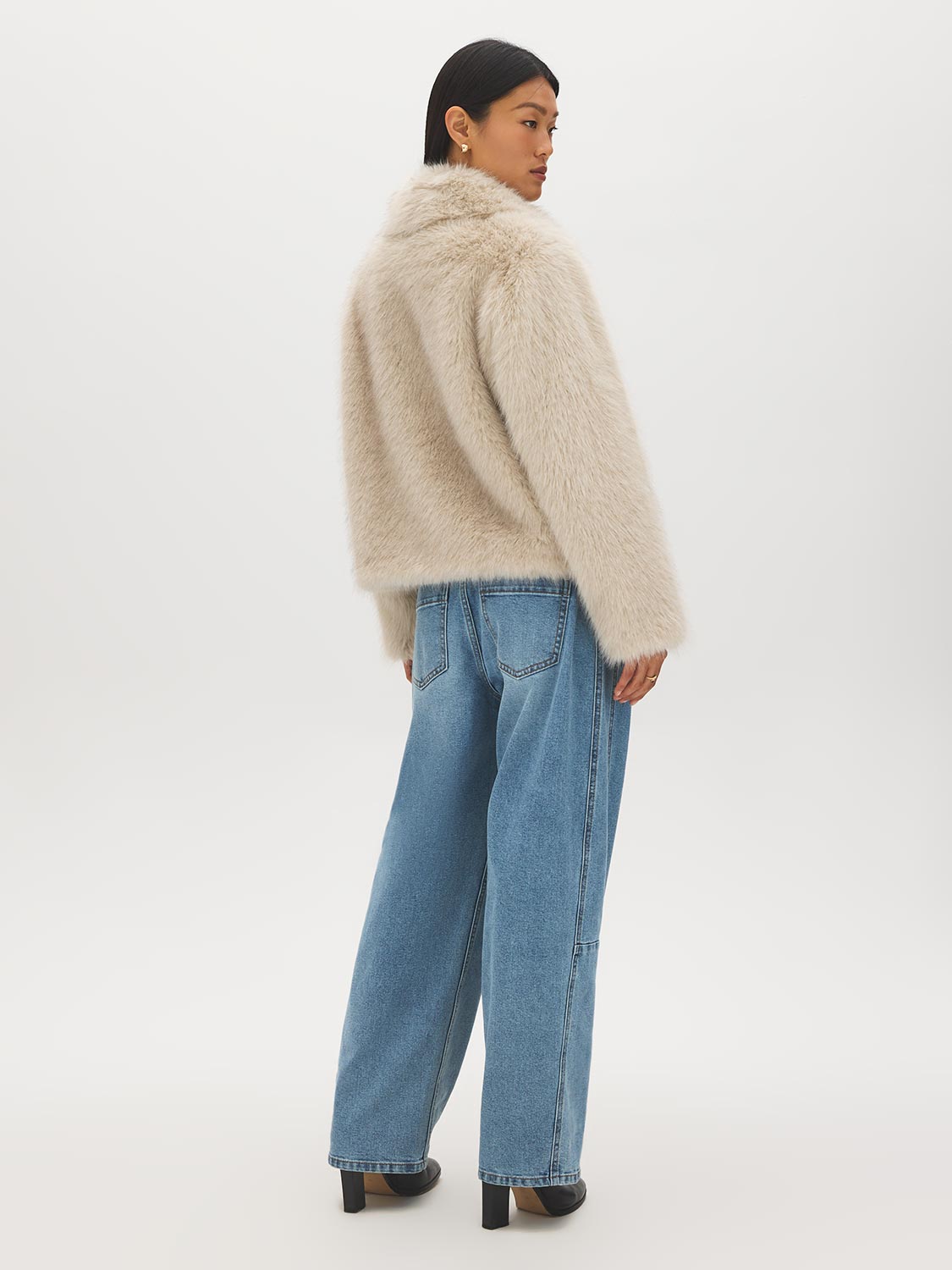 Oatmeal Faux Fur Coat with Leather Detail - Woman Wearing Warm Winter Outerwear - Suzy Shier