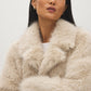 Oatmeal Faux Fur Coat with Leather Detail - Woman Wearing Warm Winter Outerwear - Suzy Shier