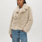 Oatmeal Faux Fur Coat with Leather Detail - Woman Wearing Warm Winter Outerwear - Suzy Shier