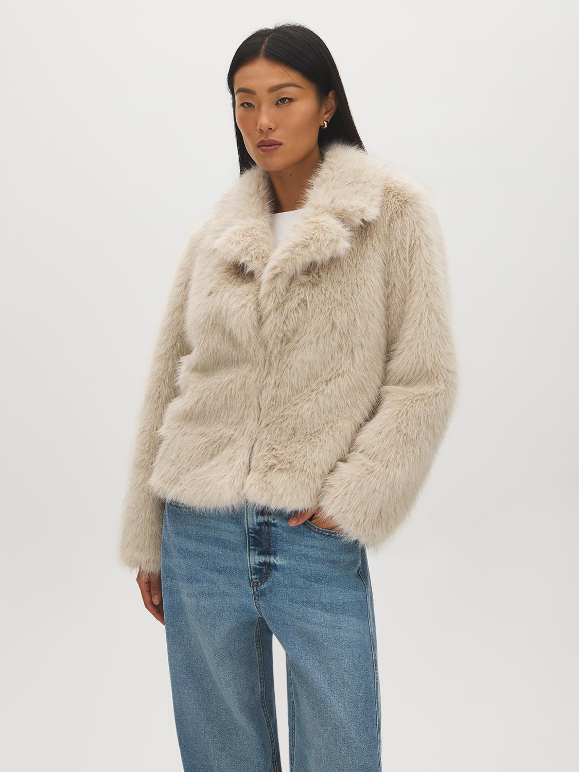 Oatmeal Faux Fur Coat with Leather Detail - Woman Wearing Warm Winter Outerwear - Suzy Shier