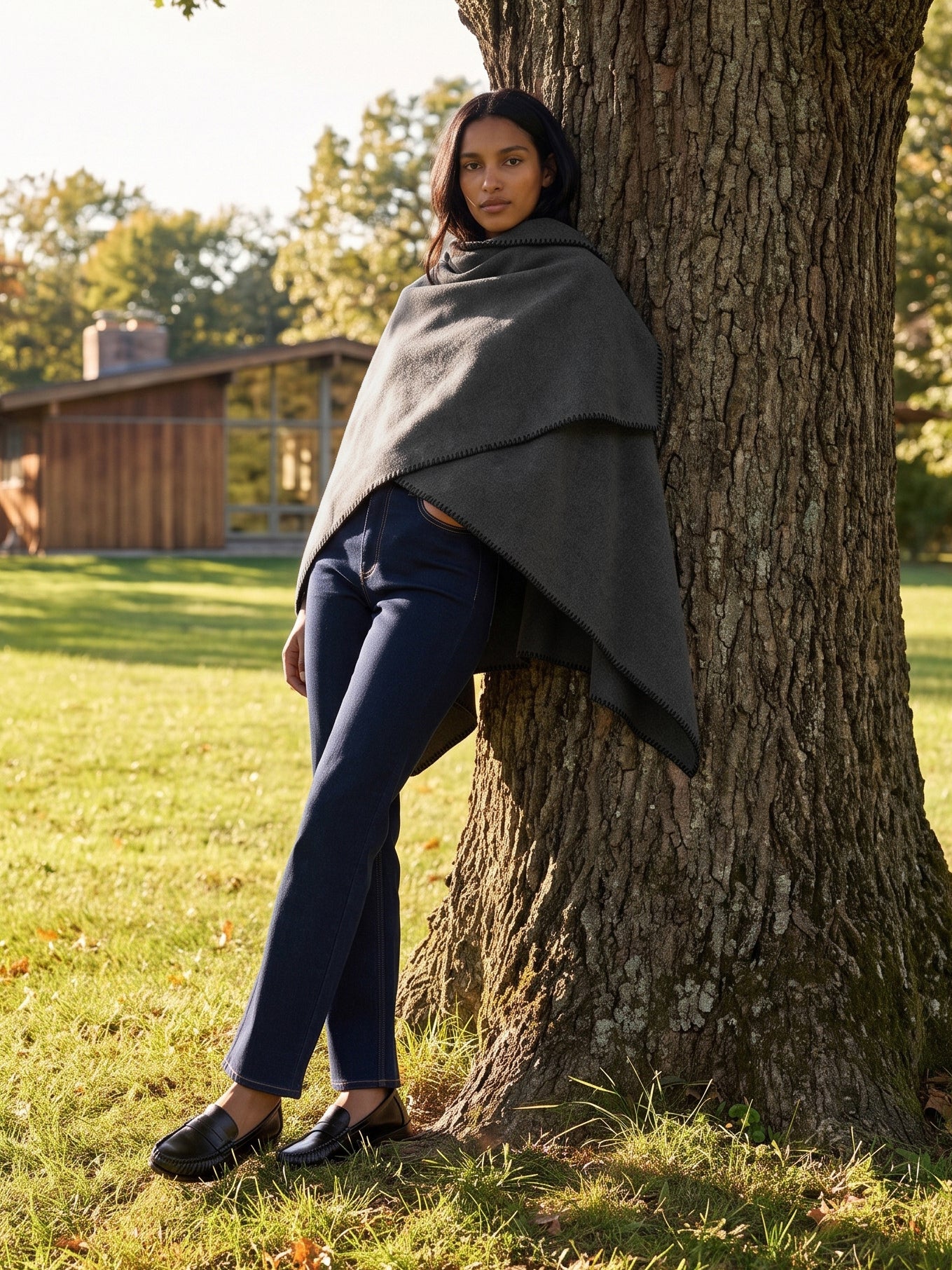 Grey Melange Woven Cape with Contrast Scarf - Woman Draped in Stylish Cape - Suzy Shier