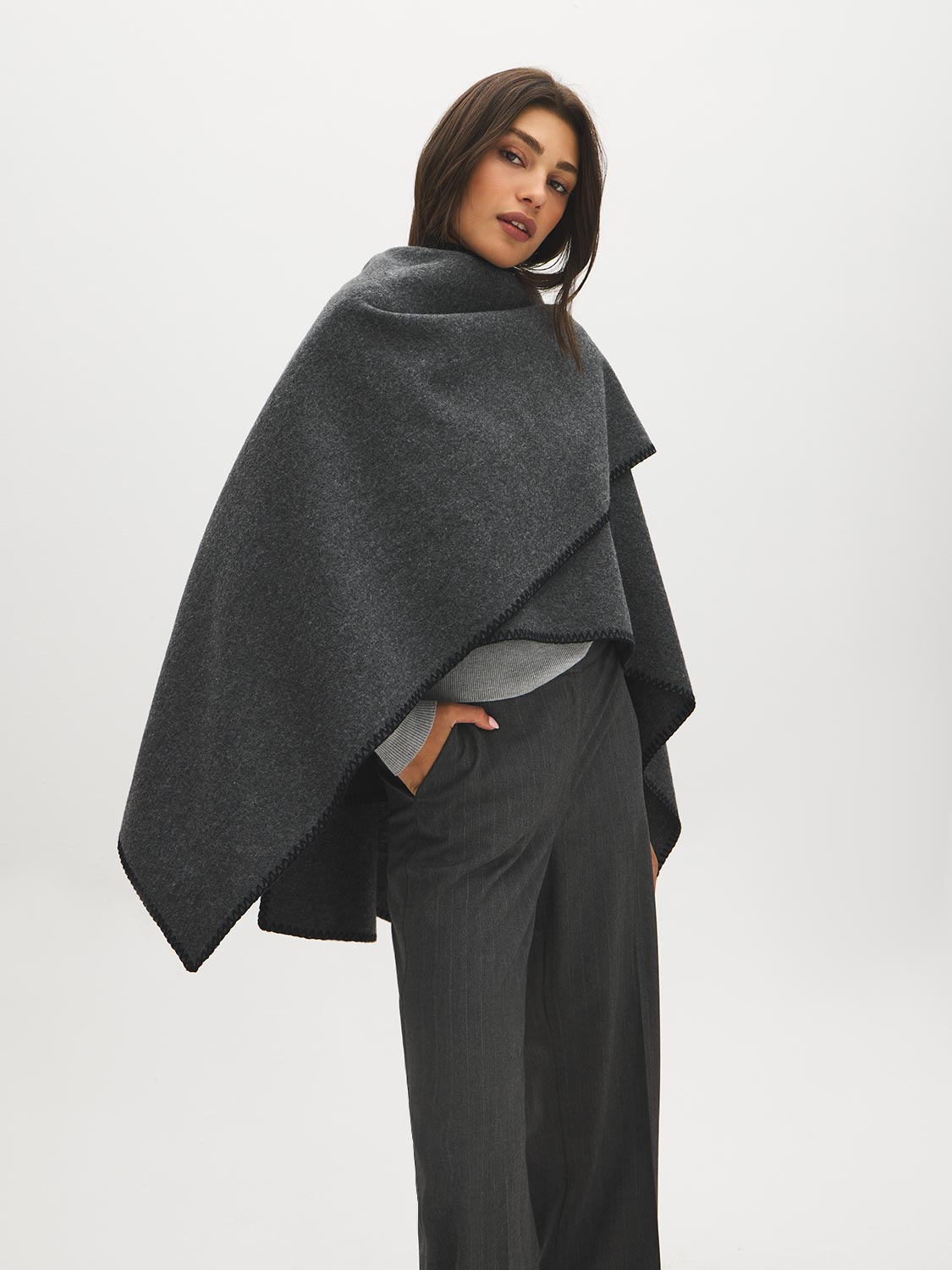 Grey Melange Woven Cape with Contrast Scarf - Woman Draped in Stylish Cape - Suzy Shier
