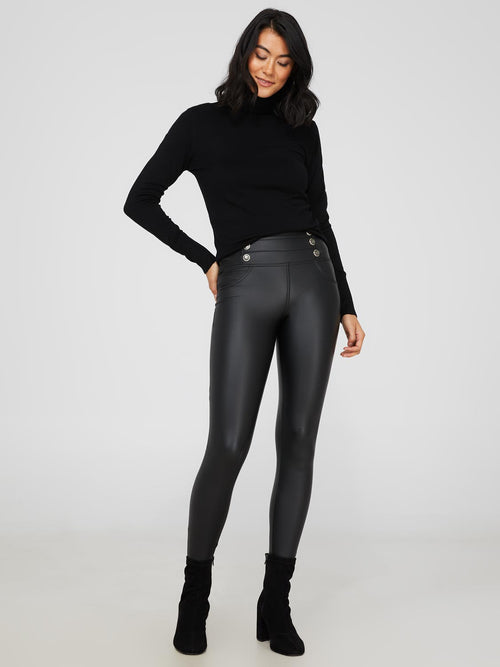 Faux Leather Wide Waistband Leggings With Button Details