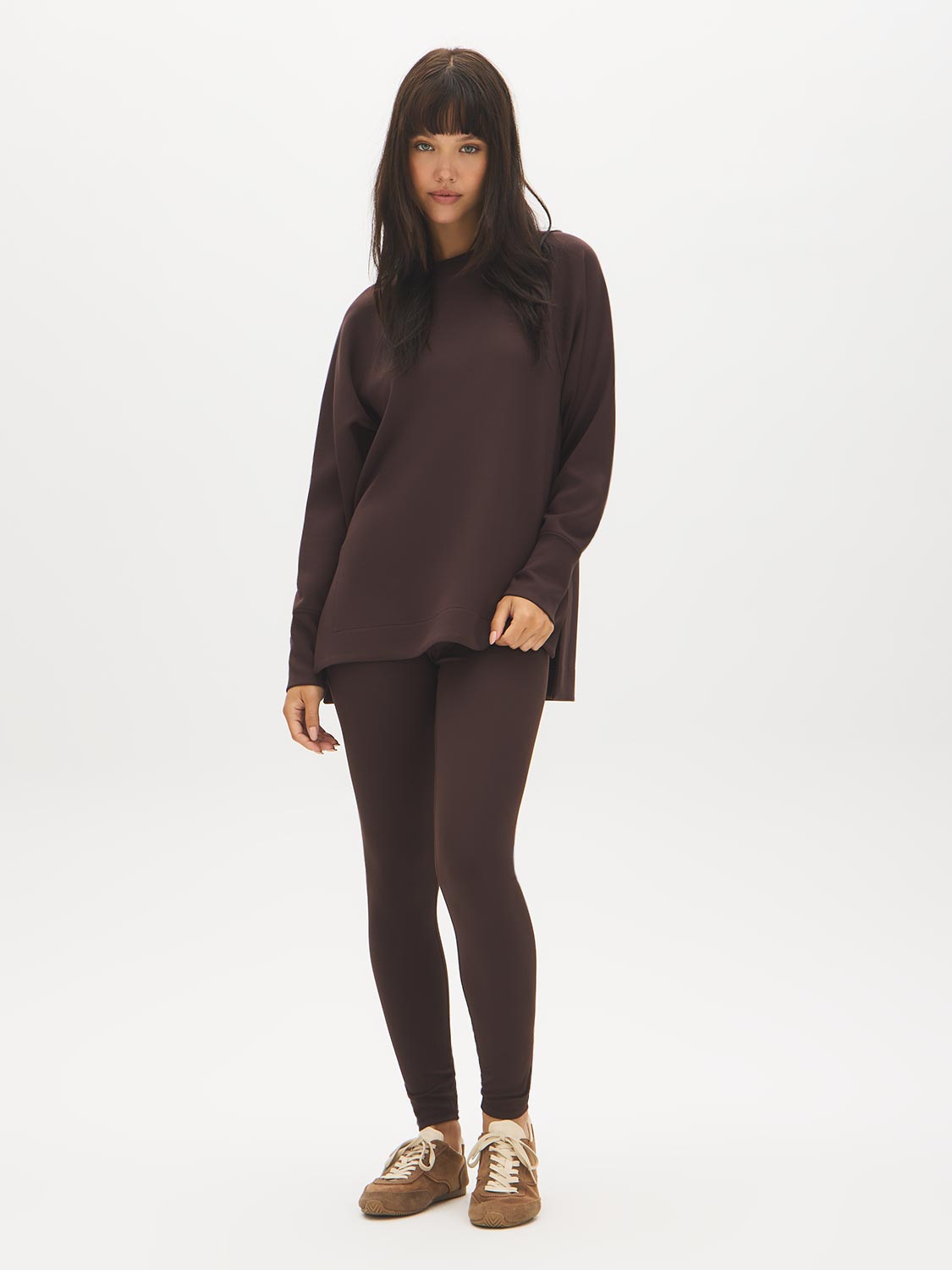 Brown Brushed Knit Leggings with Wide Waistband - Woman Wearing Stretchy Knit Leggings - Suzy Shier
