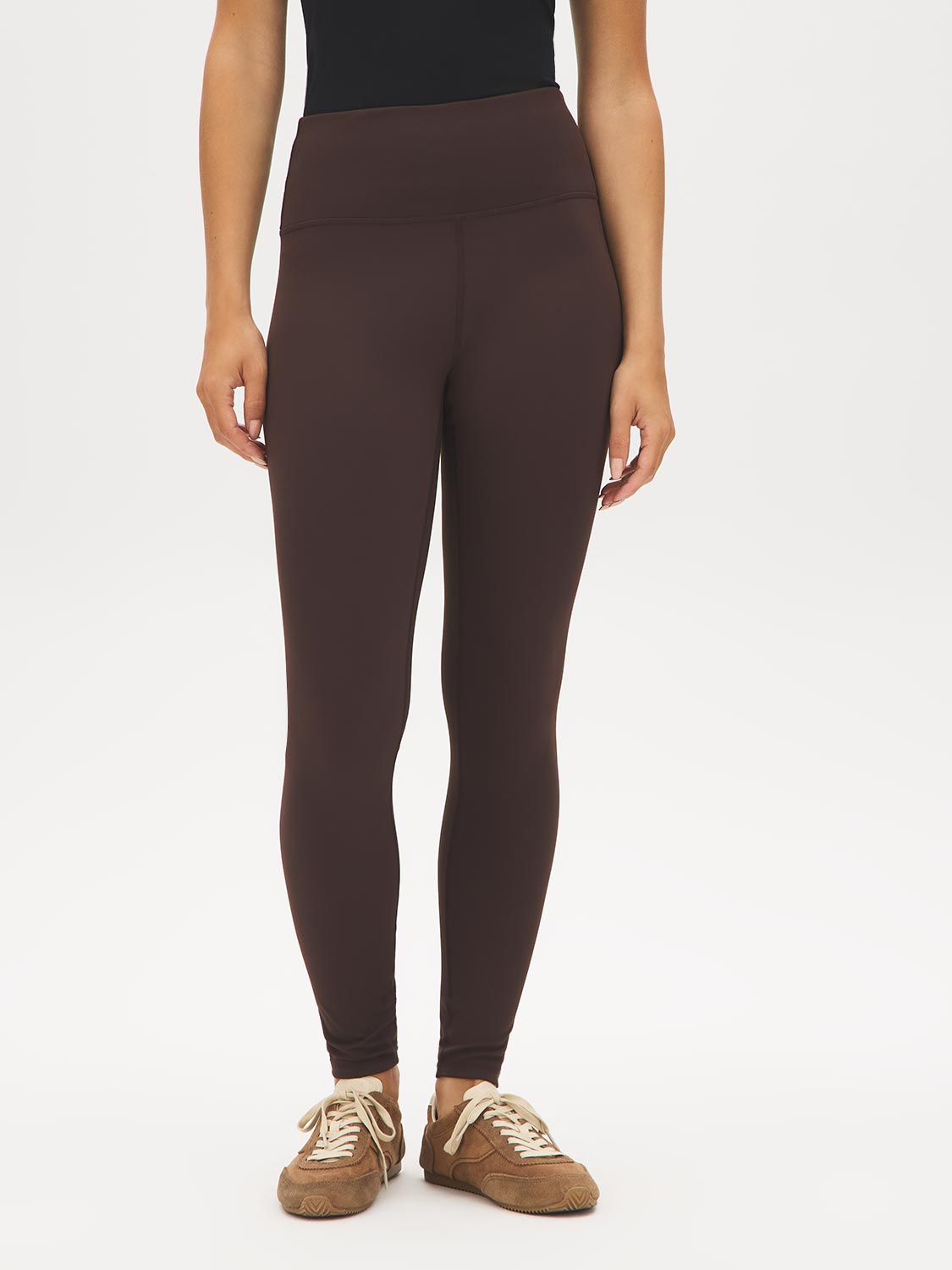 Brown Brushed Knit Leggings with Wide Waistband - Woman Wearing Stretchy Knit Leggings - Suzy Shier