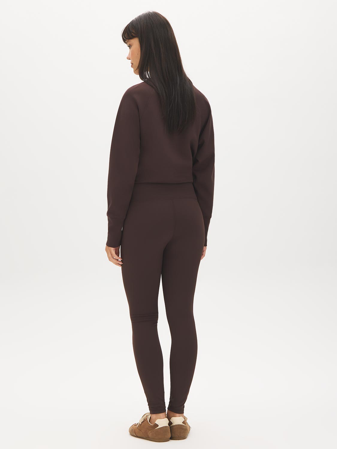 Brown Brushed Knit Leggings with Wide Waistband - Woman Wearing Stretchy Knit Leggings - Suzy Shier