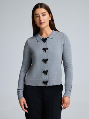 Bow-Button Collared Cardigan Grey