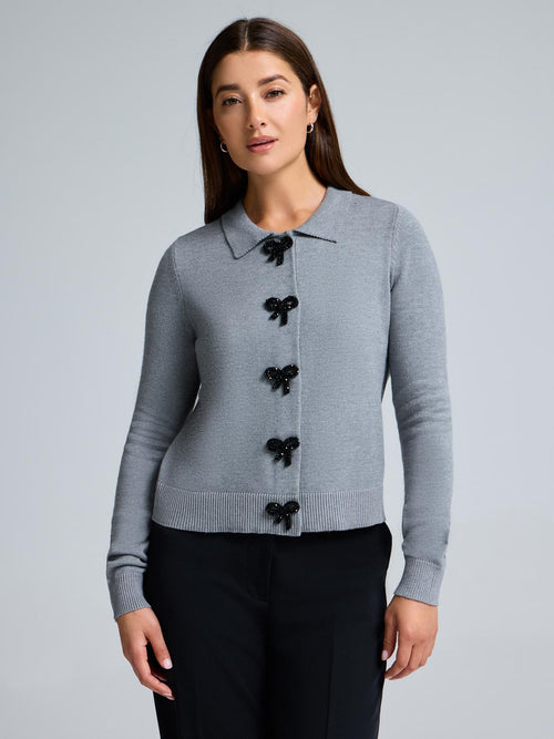 Bow-Button Collared Cardigan