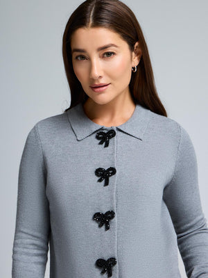 Bow-Button Collared Cardigan Grey