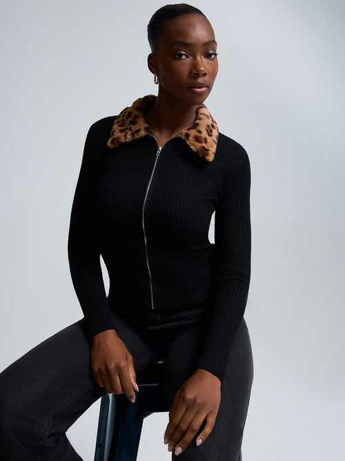 Faux Fur Collar Zip-Front Cardigan