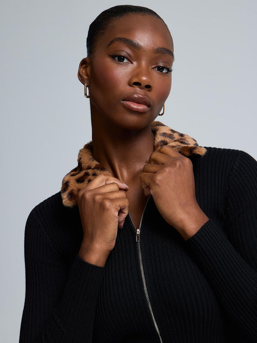 Faux Fur Collar Zip-Front Cardigan