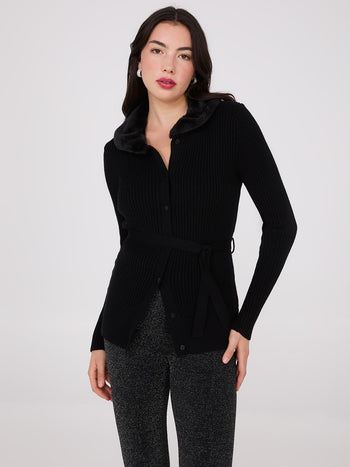 Cardigan côtelé avec col amovible en fausse fourrure Black