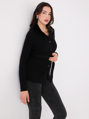 Cardigan côtelé avec col amovible en fausse fourrure Black