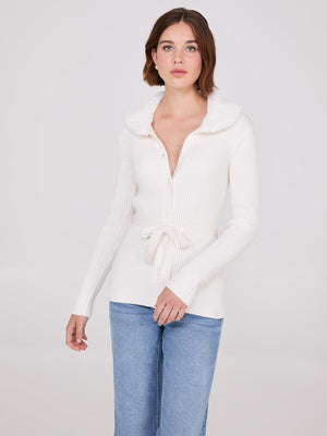 Cardigan côtelé avec col amovible en fausse fourrure Antique Creme