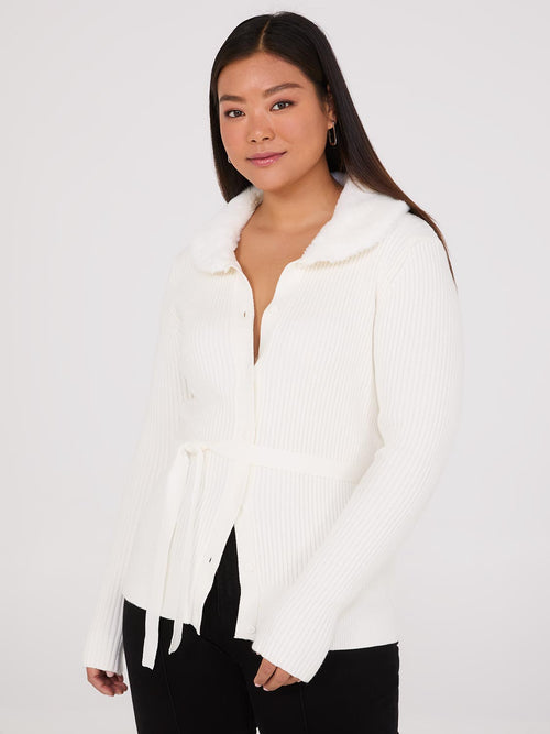 Ribbed Cardigan With Removable Faux Fur Collar