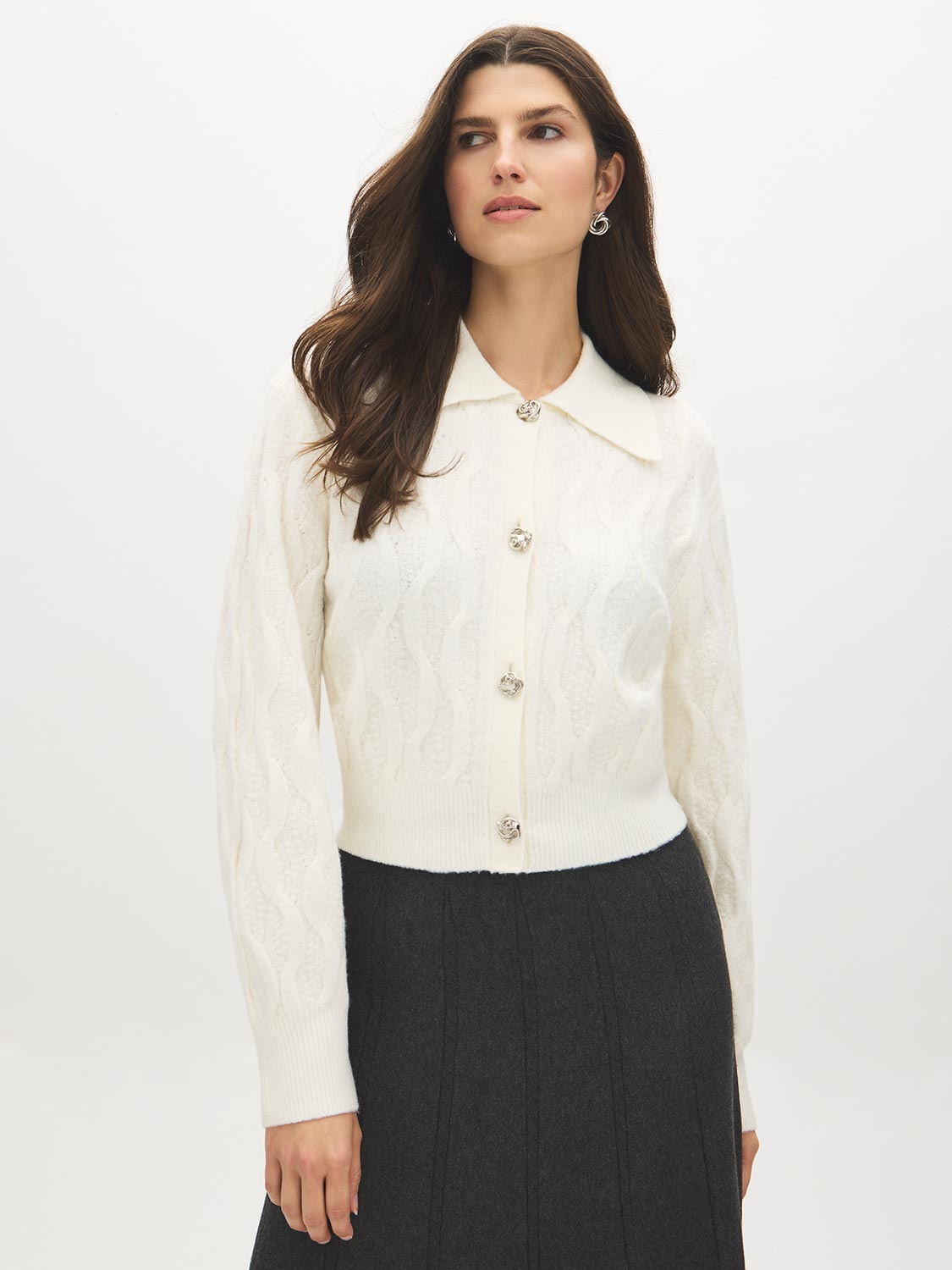 Pearl Cable Knit Sweater with Large Collar - Woman Wearing Textured Knit Sweater - Suzy Shier