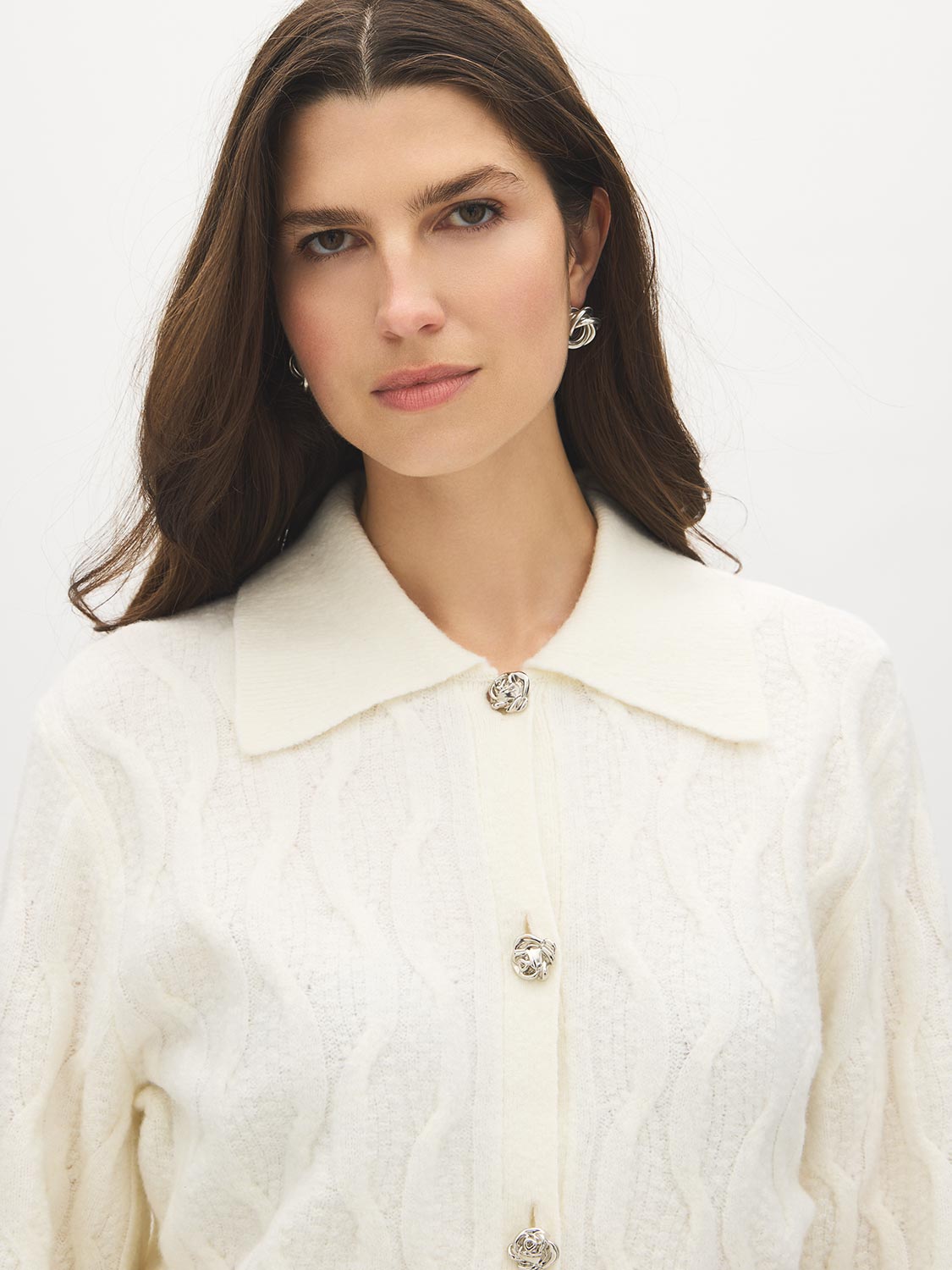 Pearl Cable Knit Sweater with Large Collar - Woman Wearing Textured Knit Sweater - Suzy Shier