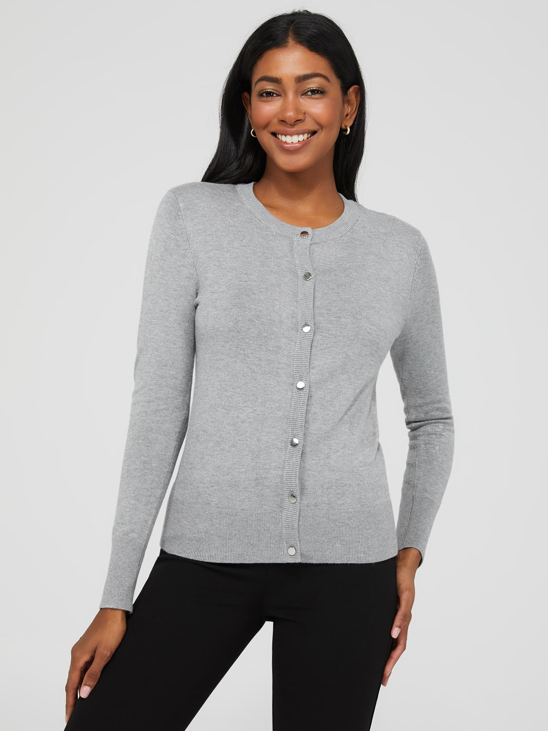Button-Front Crew Neck Cardigan With Ribbed Details