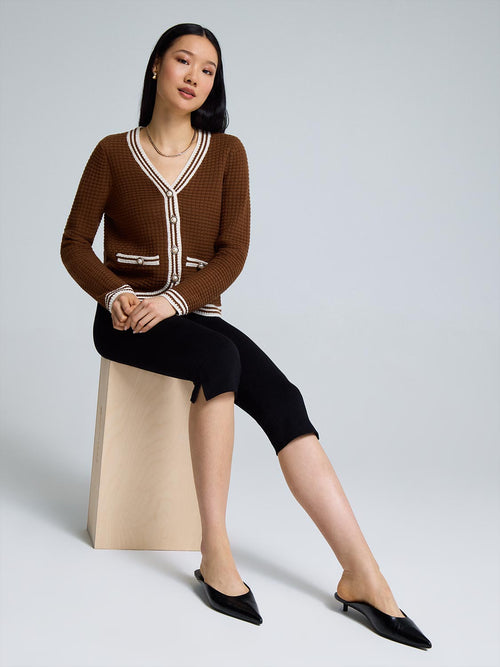 Contrast Trim V-Neck Ribbed Cardigan